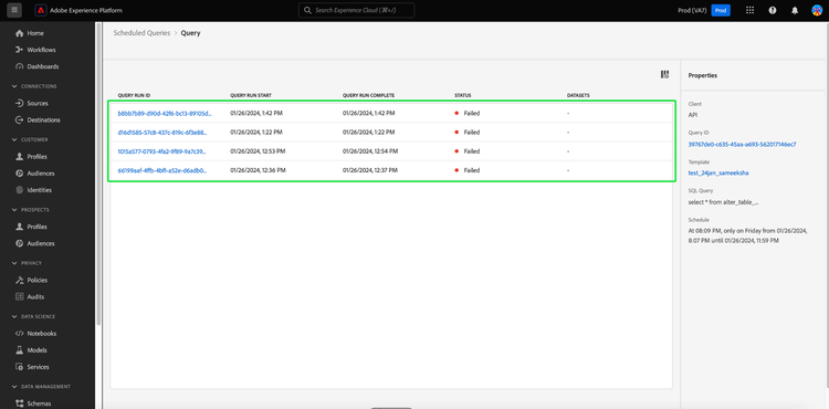 The details section of the Scheduled Queries workspace with a list of query runs highlighted for a scheduled query.