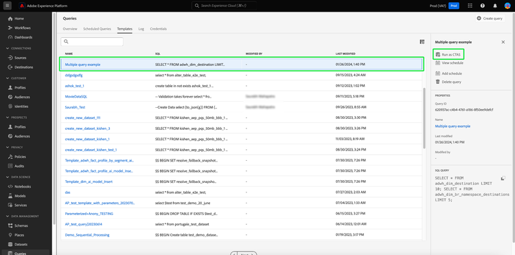 The Queries workspace Templates tab with Select Run as CTAS highlighted.