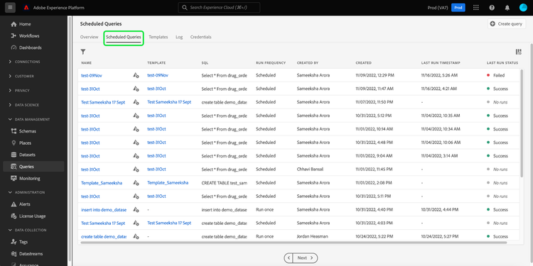 The Queries workspace with the Scheduled Queries tab highlighted and displaying rows of query schedules.