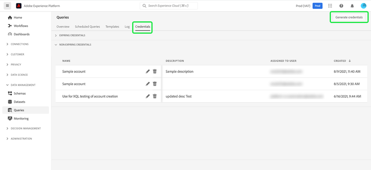 The Queries dashboard with the Credentials tab and Generate credentials highlighted.