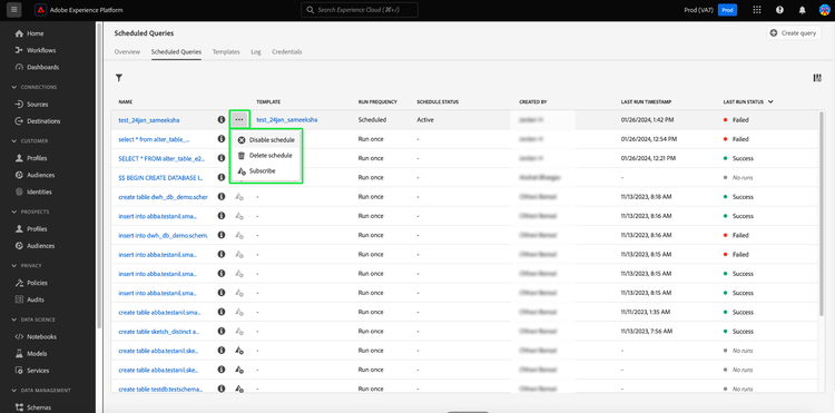 The Scheduled Queries tab with the inline action ellipses and popup menu highlighted.