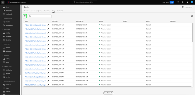 The Queries Log workspace with the filter icon highlighted.