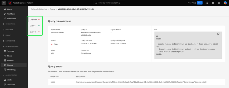 The Query run overview displaying an anonymous block query. The multiple query tabs are highlighted.