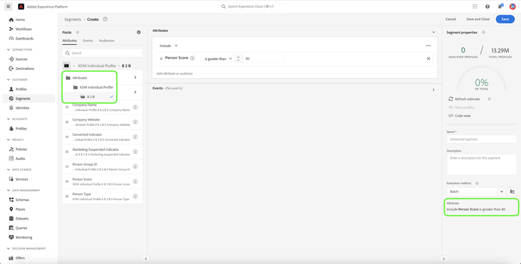 UI displaying segmentation for predictive lead and account scoring