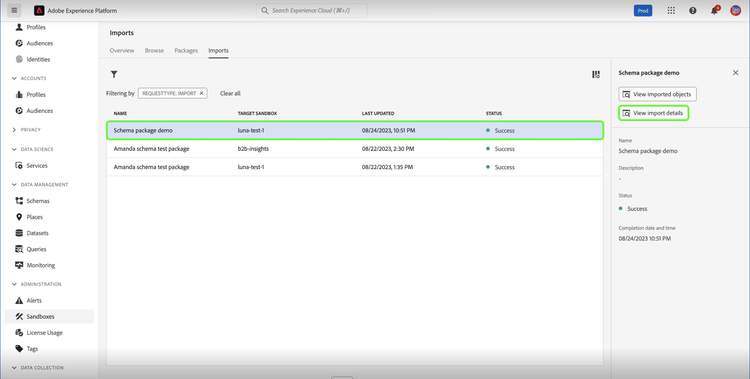 The sandboxes Imports tab highlights the View import details selection in the right pane.