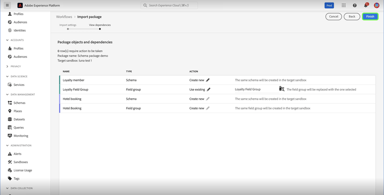 The Package object and dependencies page shows a list of assets included in the package, highlighting Finish.