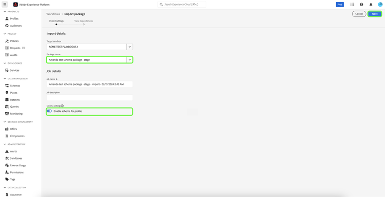 The import details page showing the Package name dropdown selection