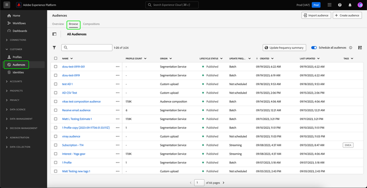 The browse screen is displayed. A list of all the audiences belonging to the organization is shown.