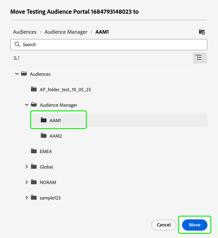 The Move audience to folder popover is displayed. The folder that the audience will be moved to is highlighted.