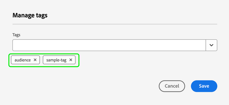 On the Manage tags popover, the added tags are highlighted.