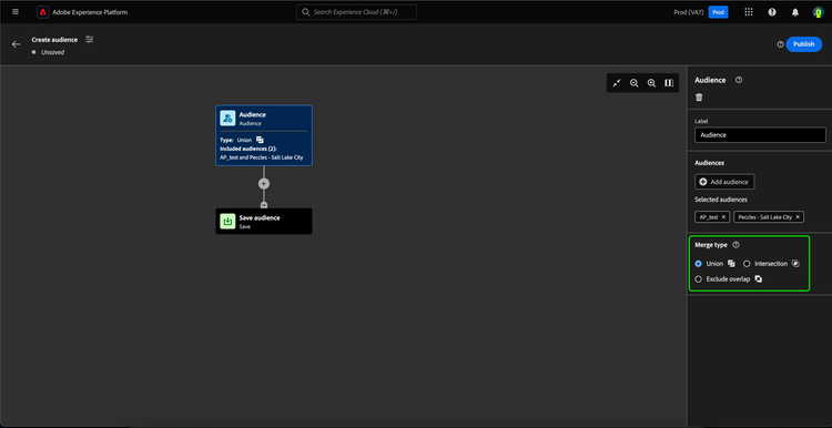The possible merge types for the audiences are highlighted.