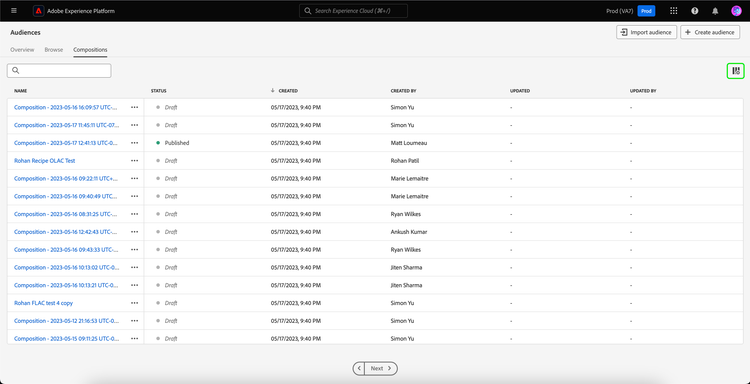 The customize table button is highlighted. Selecting this button allows you to customize the fields that are displayed on the Audiences compositions page.