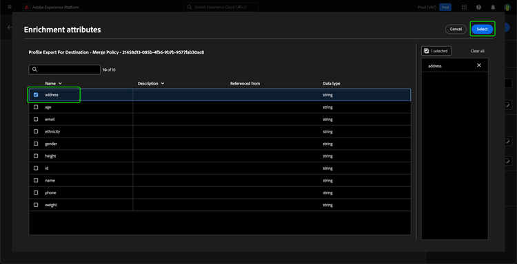 The attribute you want to use as the enrichment dataset join key is highlighted.