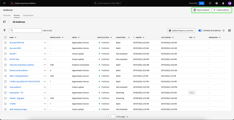 The top navigation bar on the audience browse page is highlighted. This bar contains a button to create an audience and a button to import an audience.