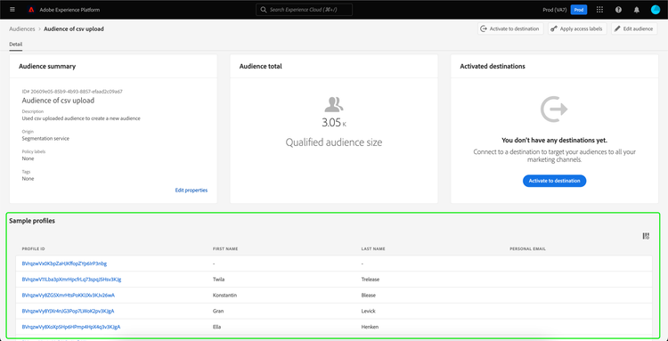 The sample profiles for the audience are highlighted. Sample profile information includes the profile ID, the first name, the last name, and the person's email.