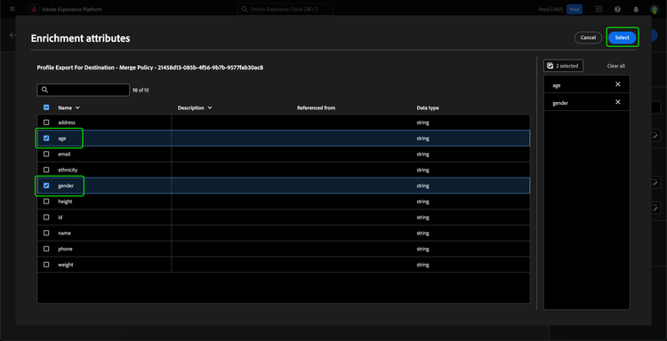 The enrichment attributes you want to add are highlighted.