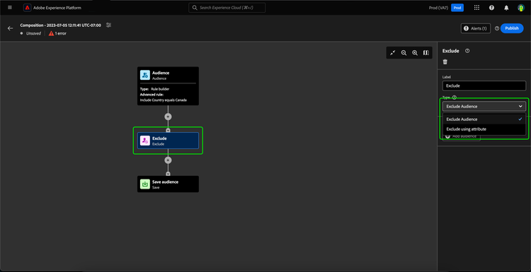 The Exclude block, highlighting the two different exclude types available.