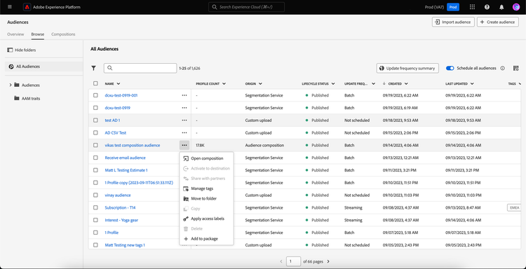 The quick actions list is shown for audiences with the origin of Audience composition.