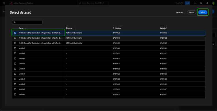 The chosen dataset is selected.