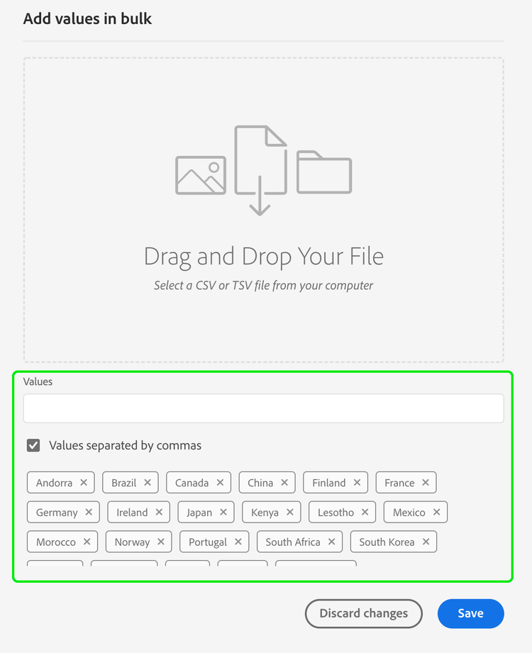 The Add values in bulk popover is displayed. Both the dialog you can use to insert values and the added values are highlighted.