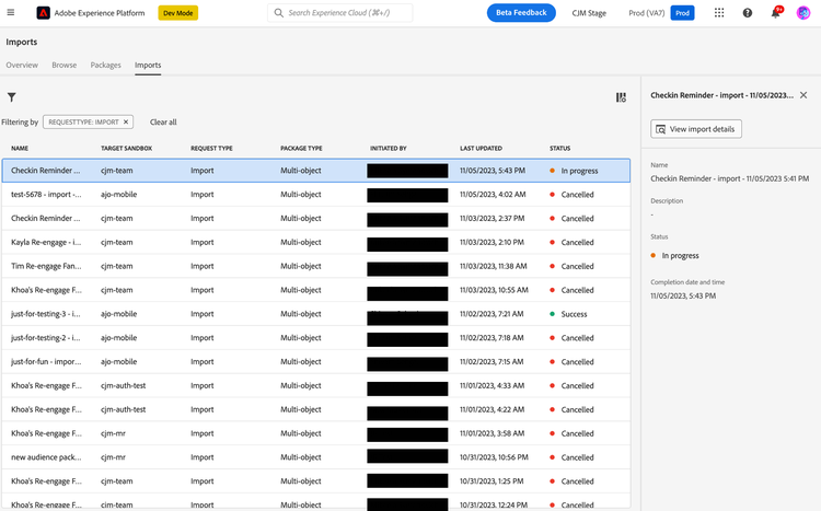 Page showing import progress