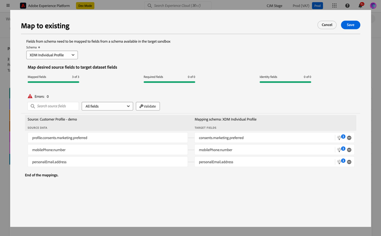 Schema mapping dialog with a dropdown to select a target schema.