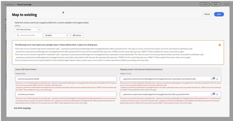 Errors displayed in the schema mapping workflow.