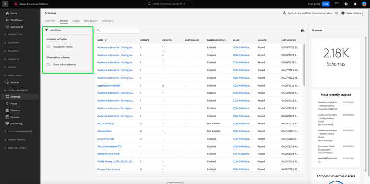 The Schemas workspace Browse tab with the filters panel highlighted.