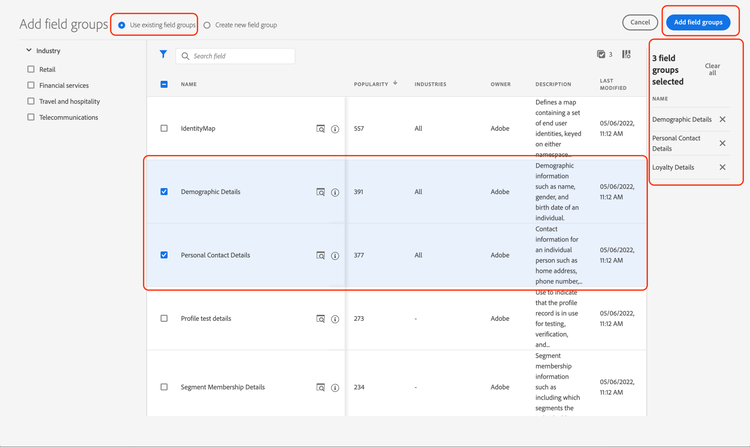 Select standard field groups