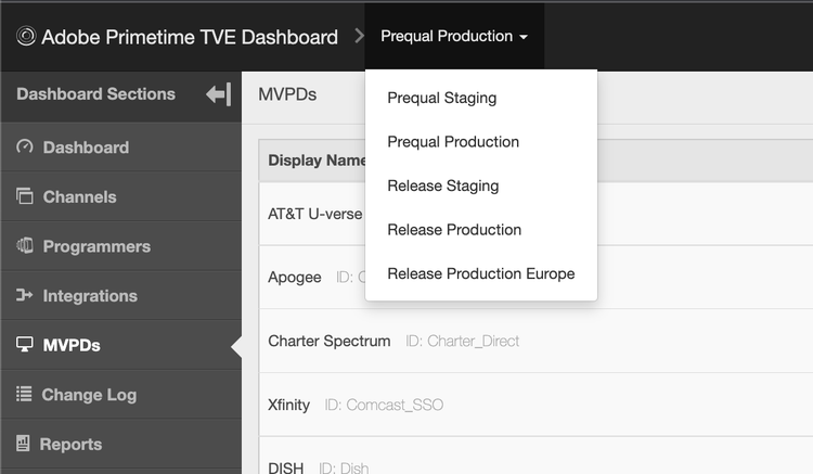 TVE Dashboard environments dropdown