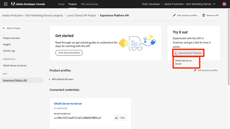 Adobe Developer Console Project API Config