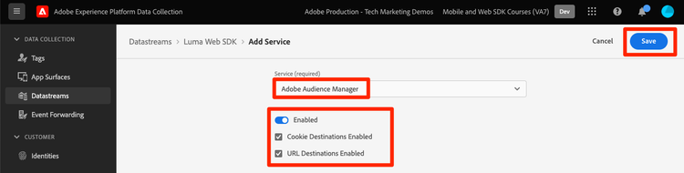 Confirm the Audience Manager datastream settings and save