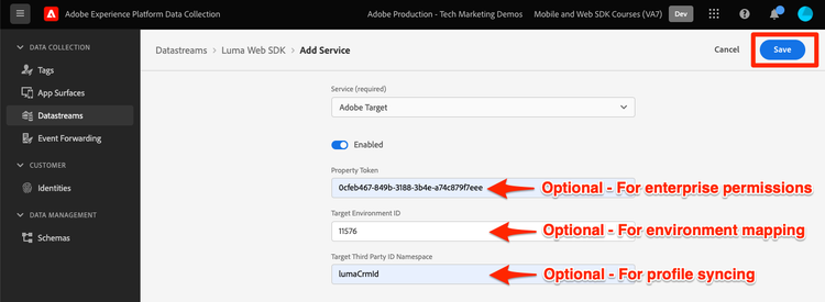 Target datastream configuration