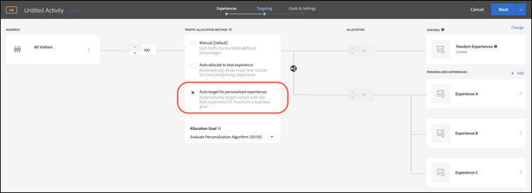 Auto target for personalized experiences option