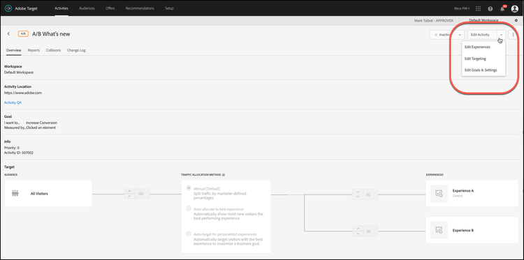 Edit Activity drop-down