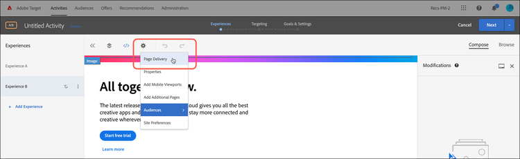 Configure Page Delivery settings UI