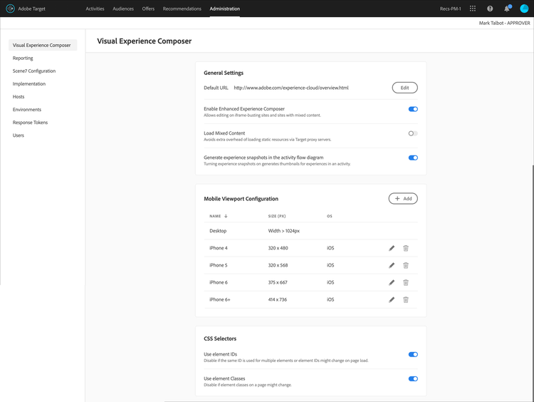 Visual Experience Composer configuration page