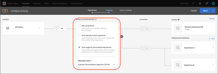 Traffic Allocation Methods options: Manual, Auto-Allocate, and Auto-Target