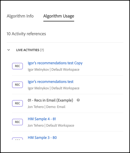 Algorithm Usage tab